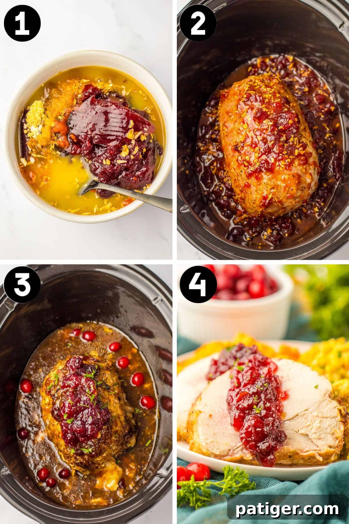 Tender Slow Cooker Boneless Turkey Breast 4 A four-image collage demonstrating the cooking process: 1) cranberry sauce mixture in a mixing bowl, 2) sauce poured over turkey roast in a crock pot, 3) the roast after slow cooking, and 4) sliced slow-cooked turkey served with sauce, stuffing, and sweet potatoes.