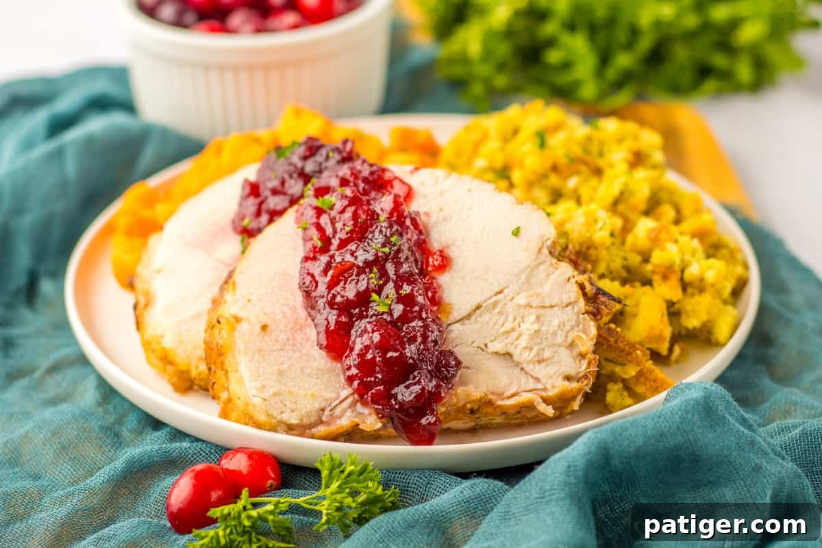 Tender Slow Cooker Boneless Turkey Breast 6 Sliced slow cooker turkey breast roast with cranberry sauce poured over the top, served elegantly with stuffing and sweet potatoes on a platter.