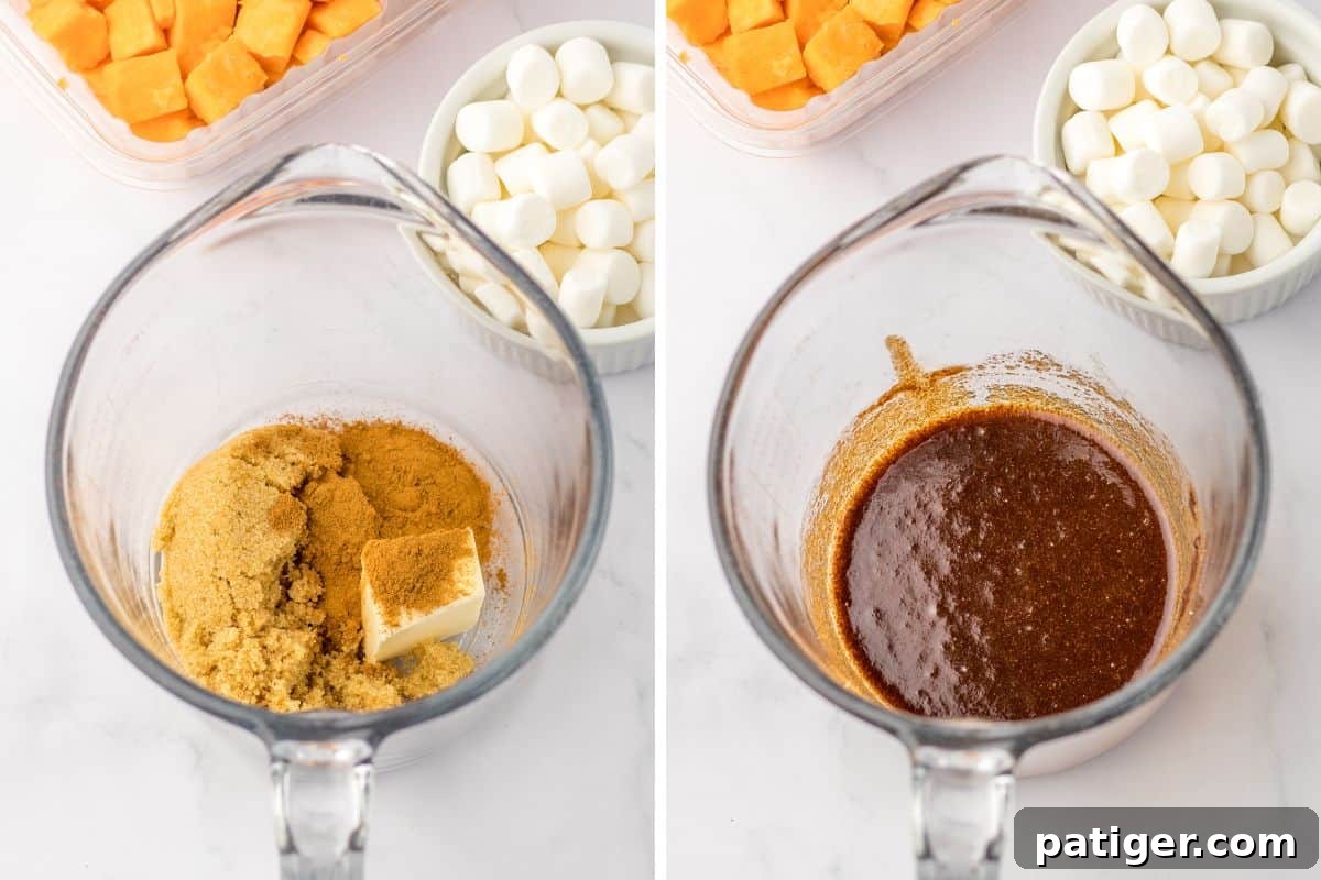Slow Cooker Sweet Potato Bliss 5 Brown sugar and butter mixture in a glass measuring cup before and after being melted and stirred together, illustrating the sauce preparation.