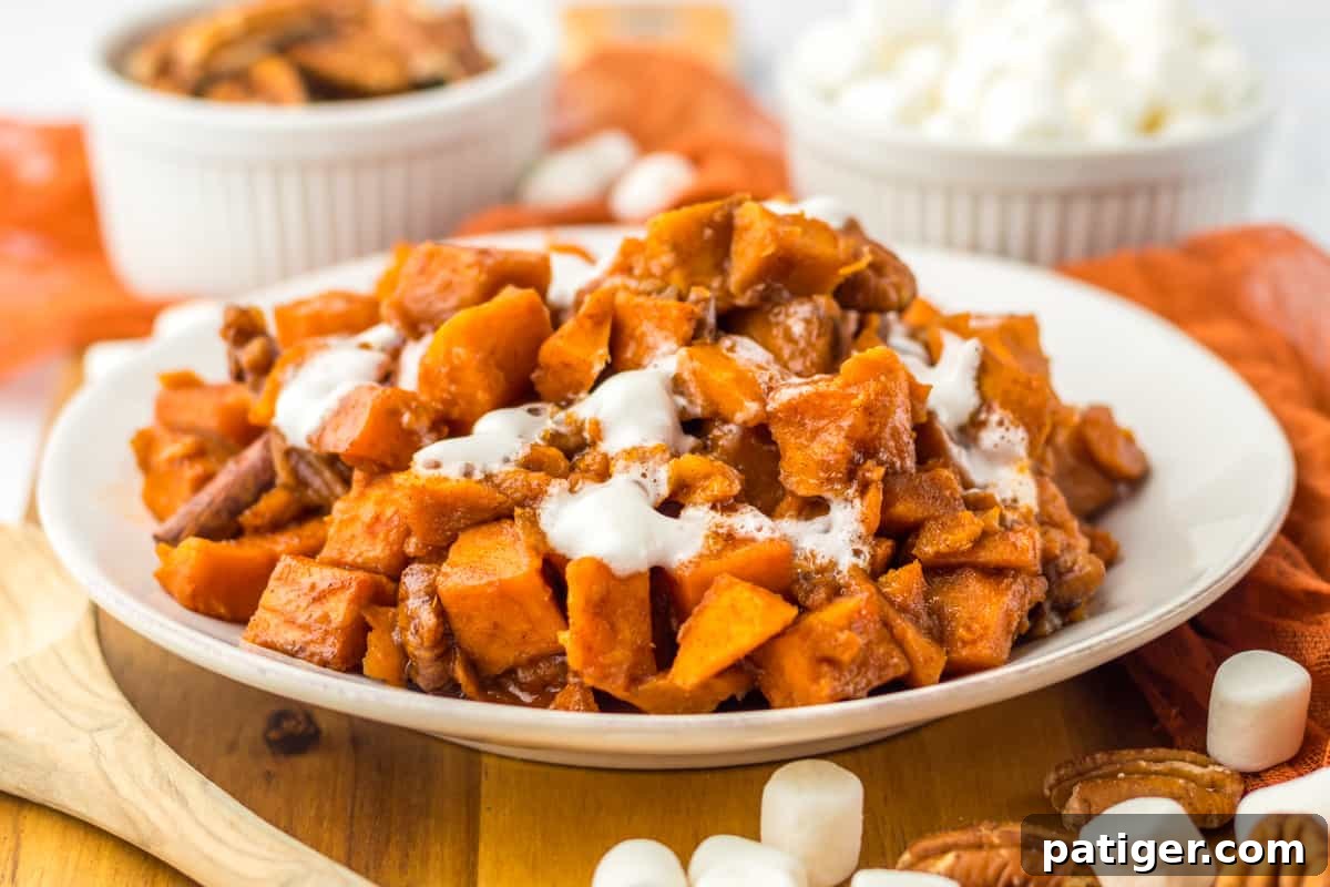 Slow Cooker Sweet Potato Bliss 9 Sweet potatoes with pecans, brown sugar, and marshmallows on a white serving plate, beautifully presented.