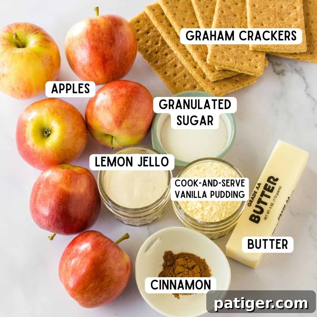 Chilled Apple Dream 3 Apples, graham crackers, lemon jello mix, sugar, butter, cinnamon, and vanilla pudding mix.