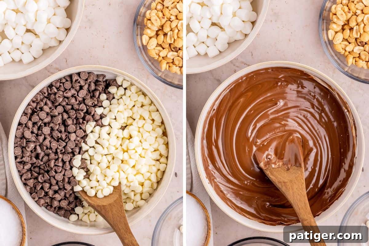 Two image collage of white chocolate and milk chocolate chips in a bowl before and after being melted.