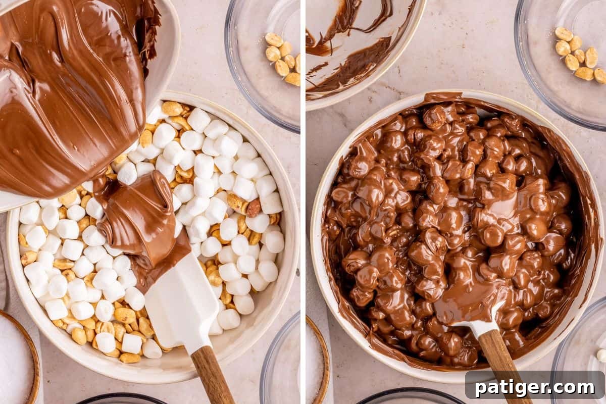 Two image collage of a bowl of peanuts and mini marshmallows before and after melted chocolate being stirred in.