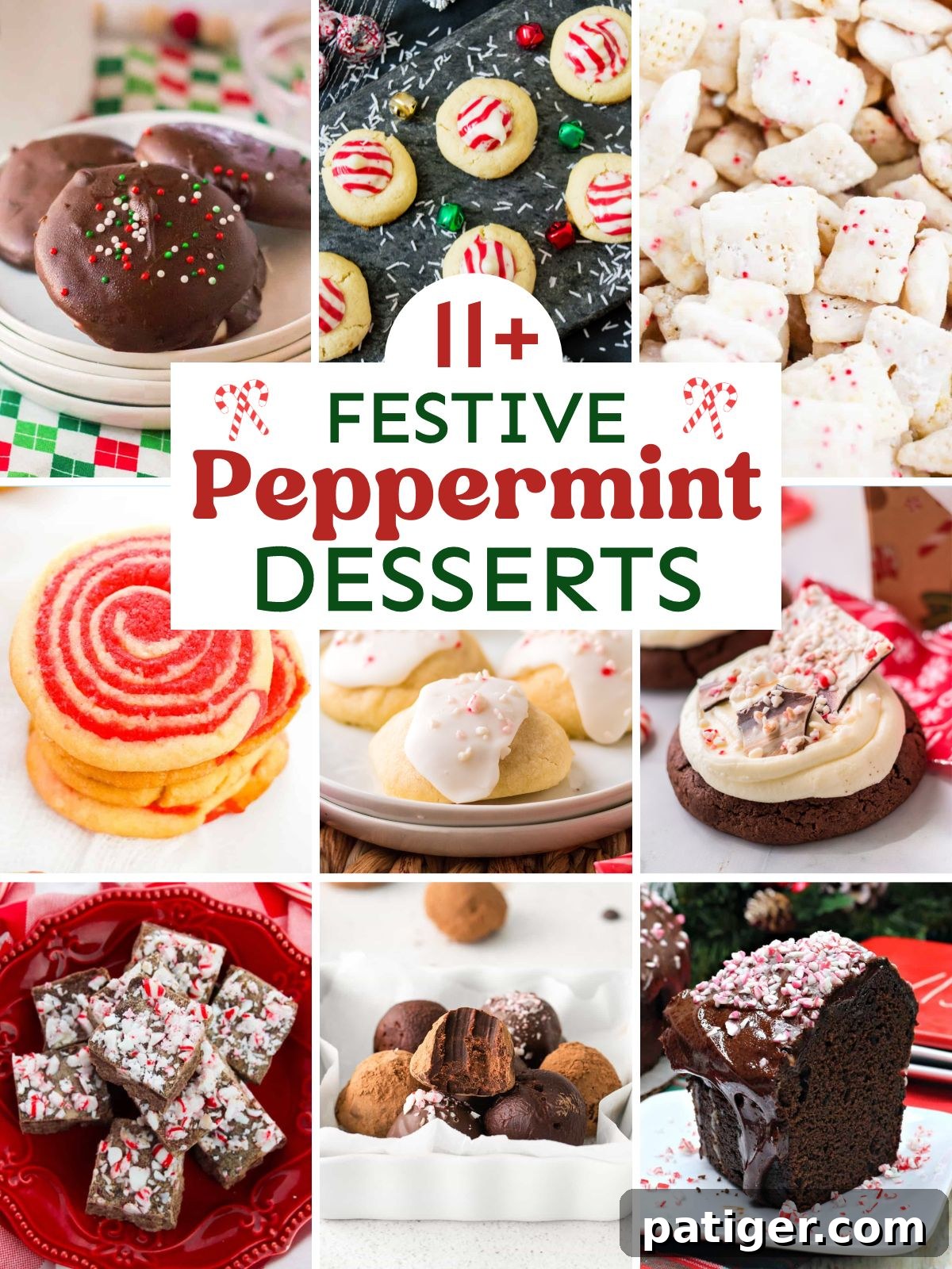 A vibrant collage of festive peppermint desserts, including cookies, fudge, and truffles, set against a holiday-themed backdrop.
