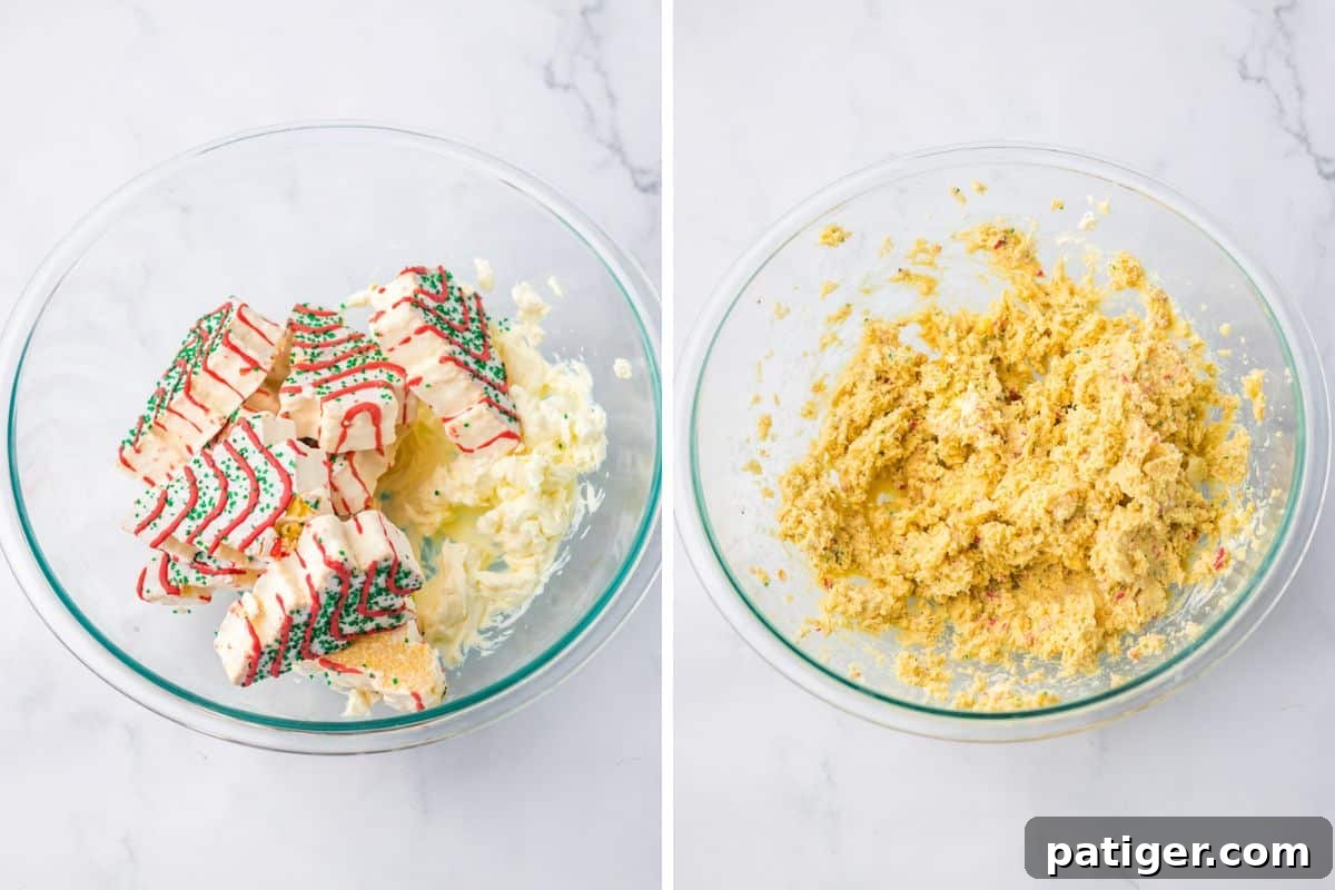 A two-image collage showing Little Debbie Christmas Tree Cakes and softened cream cheese in a bowl before and after being beaten into a smooth cake truffle batter.