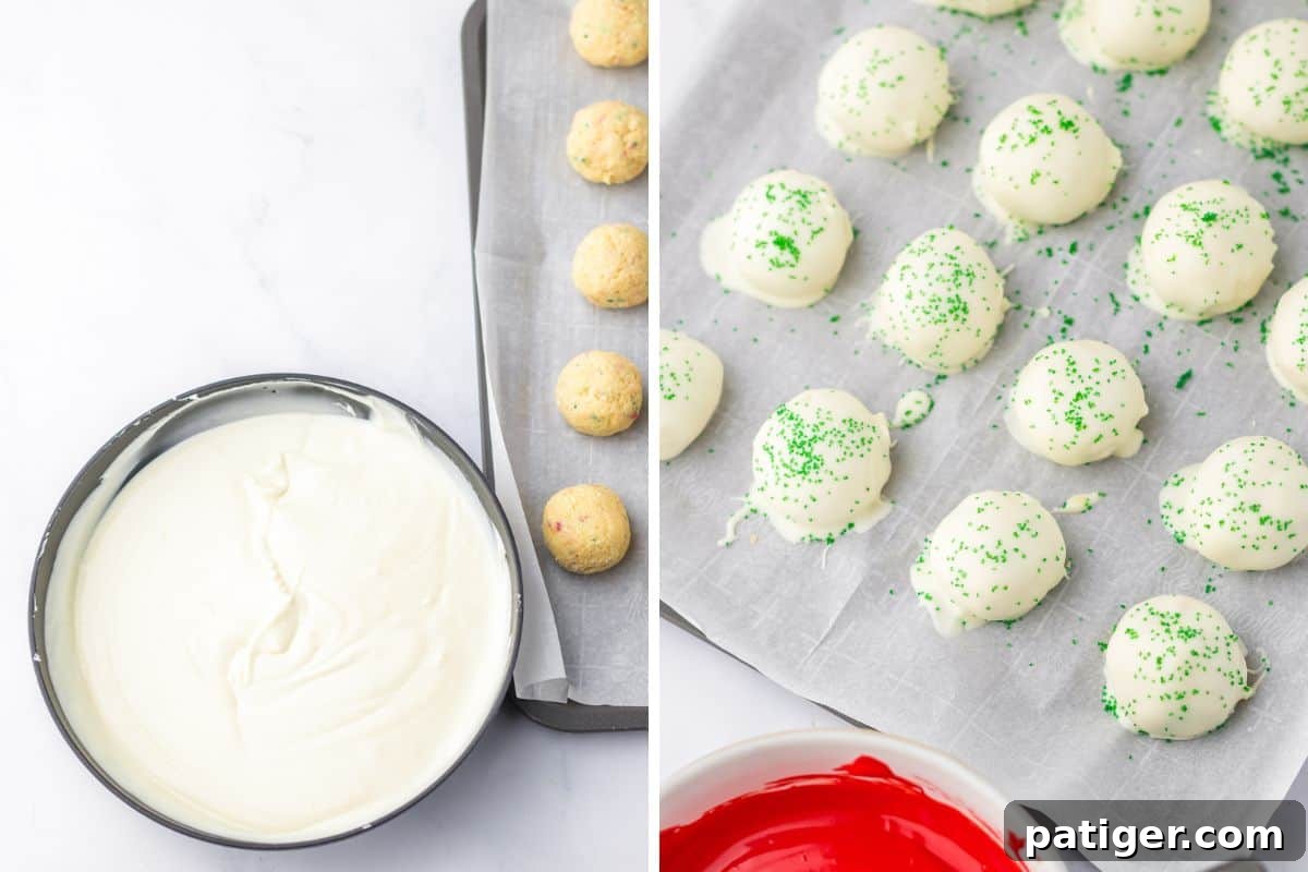 A two-image collage showing melted white almond bark in a bowl and then finished cake balls coated in white candy and topped with green sugar sprinkles.