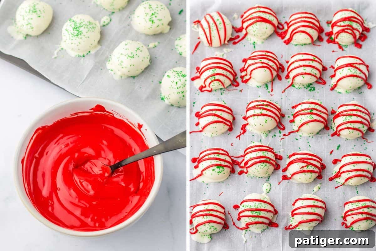 A two-image collage showing a bowl of melted red candy melts and cake balls being drizzled with the melted red candy in a festive pattern.