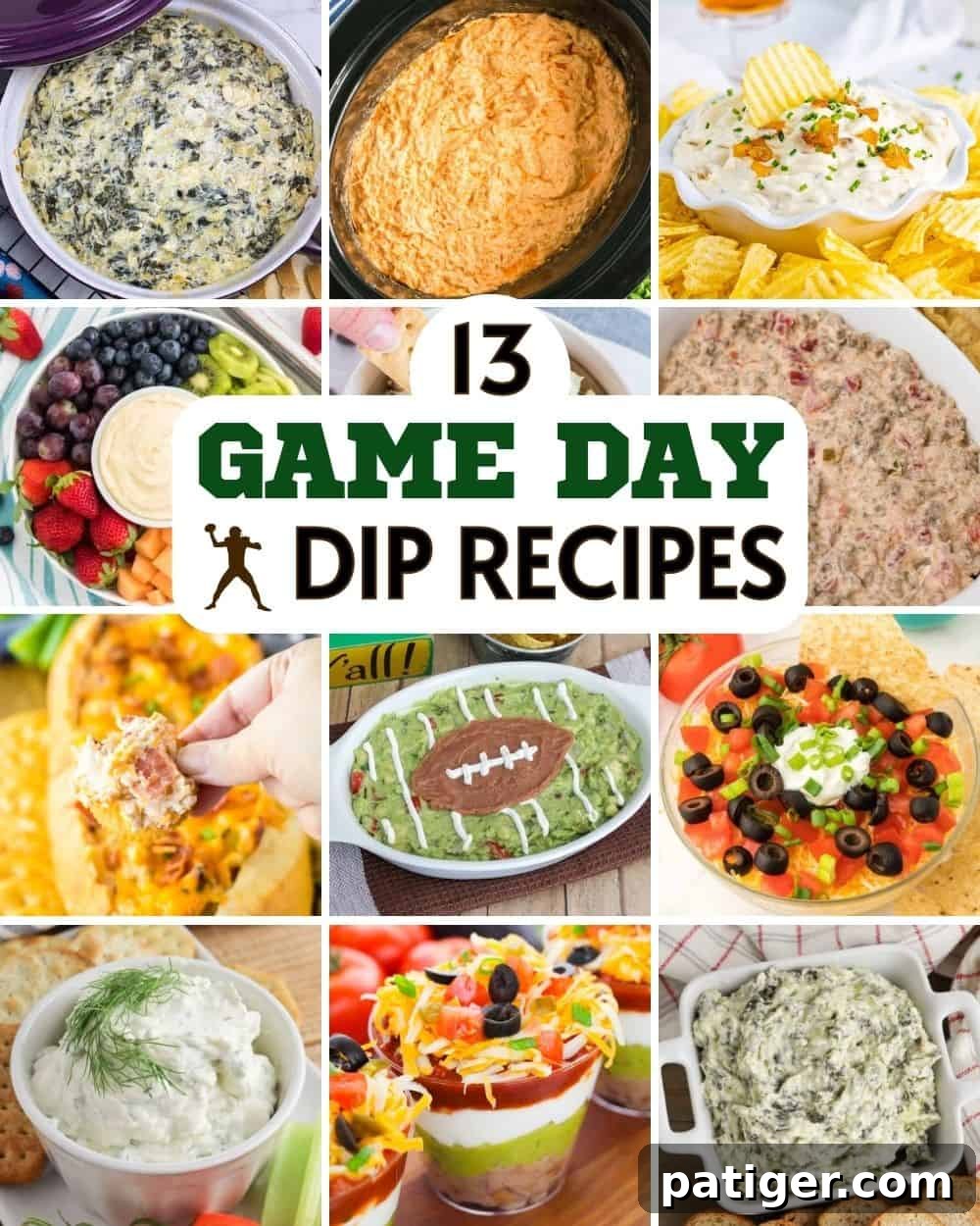 13 Game Day Dip Recipes collage with photos of buffalo chicken dip, spinach dip, taco dip, and more. A vibrant collection of savory and sweet dips perfect for any sporting event.