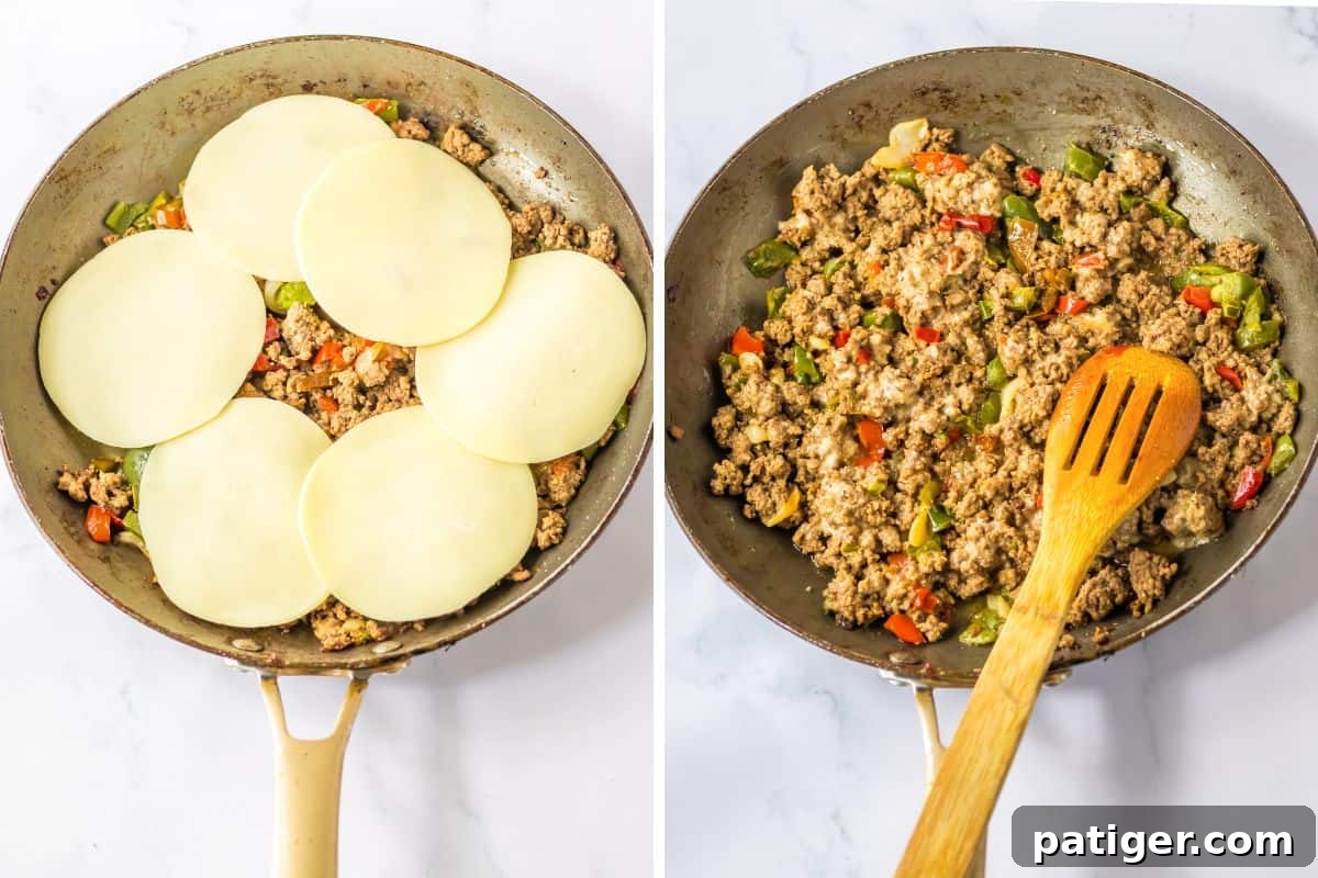 Gooey Philly Slider Perfection 6 A two-image collage showing provolone cheese slices being placed evenly on top of the ground beef mixture in a pan, and then the melted cheese being stirred and fully combined into the meat mixture.