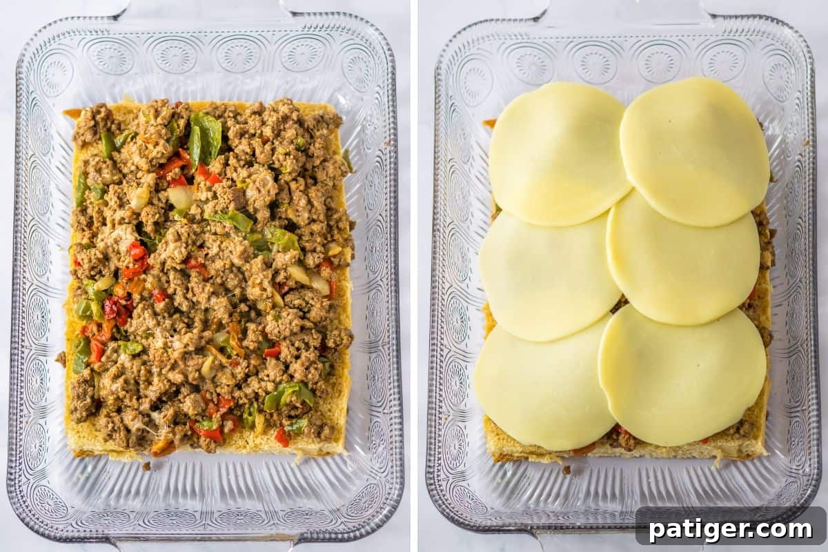 Gooey Philly Slider Perfection 7 A two-image collage showing the ground beef mixture spread evenly over the bottom layer of Hawaiian buns in a baking dish, followed by slices of provolone cheese being placed on top of the beef.