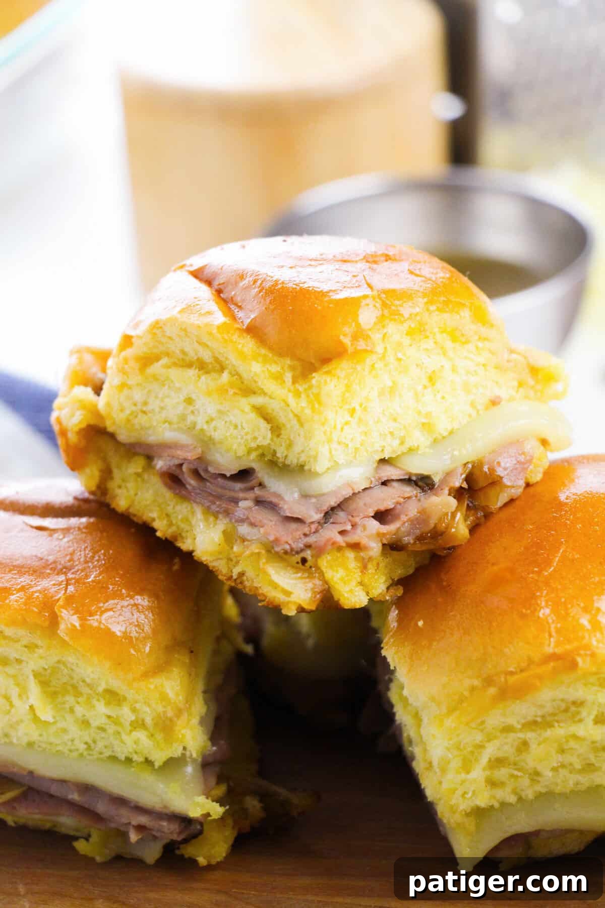 Close up of Hawaiian Roll French Dip Slider.
