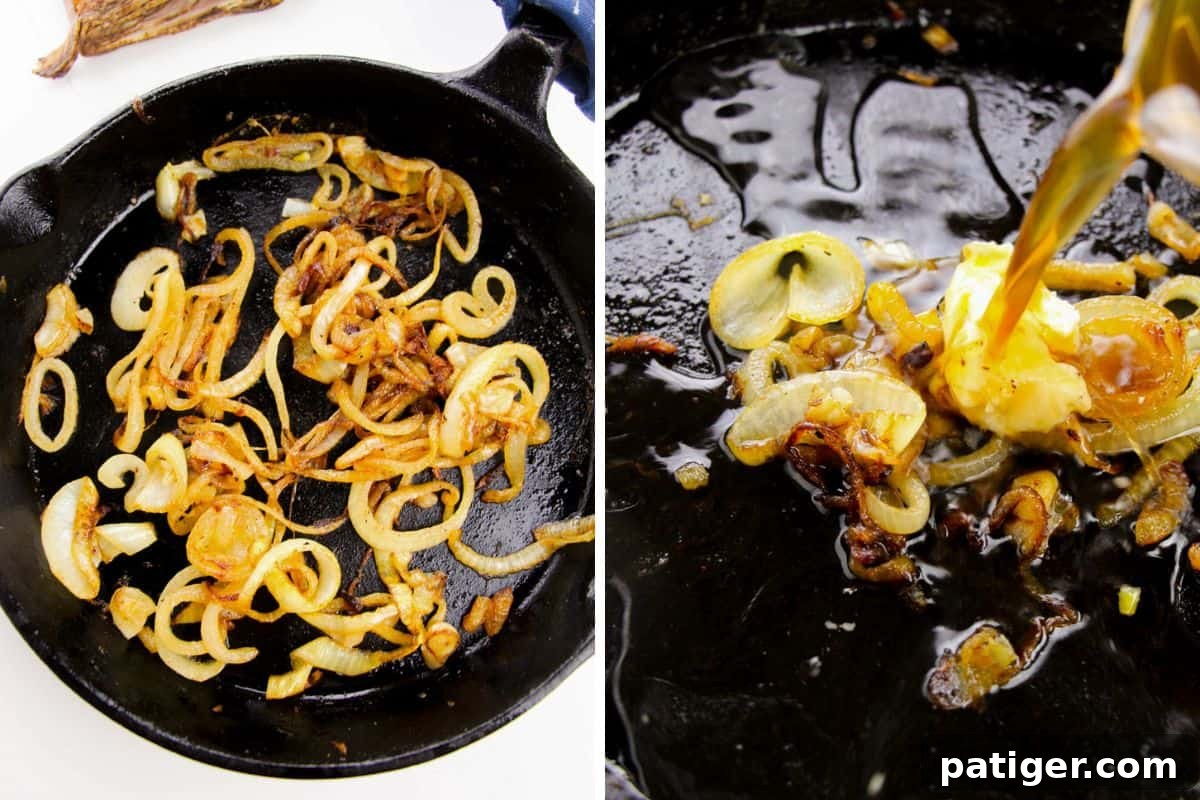 Two image collage of caramelized onions in cast iron pan. In second image butter and beef broth are being added.