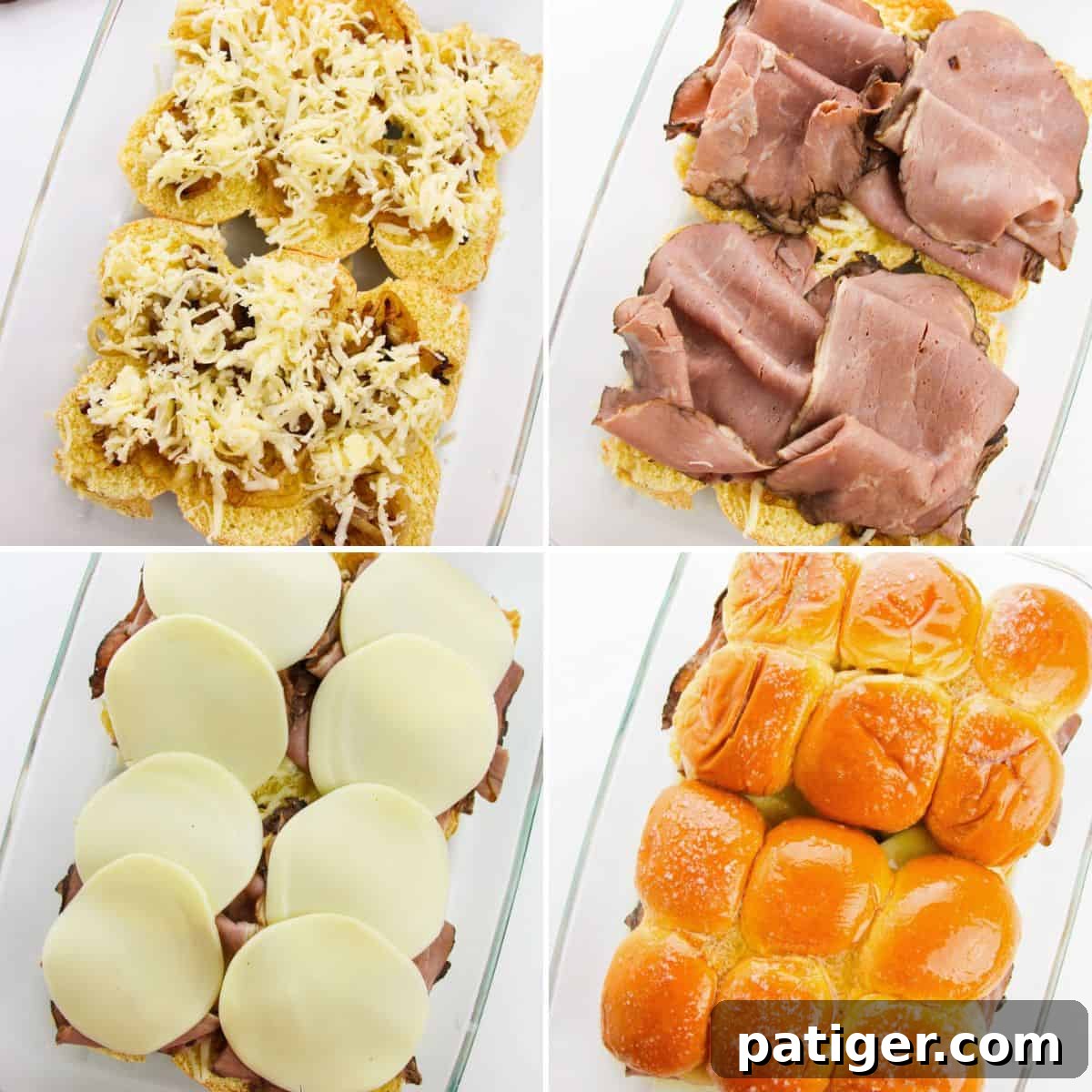 4 image collage of french dip slider assembly in a glass casserole dish. First caramelized onions and shredded swiss are added to the tops of the buns, then roast beef, next provolone cheese, and lastly the tops of the Hawaiian roll buns.