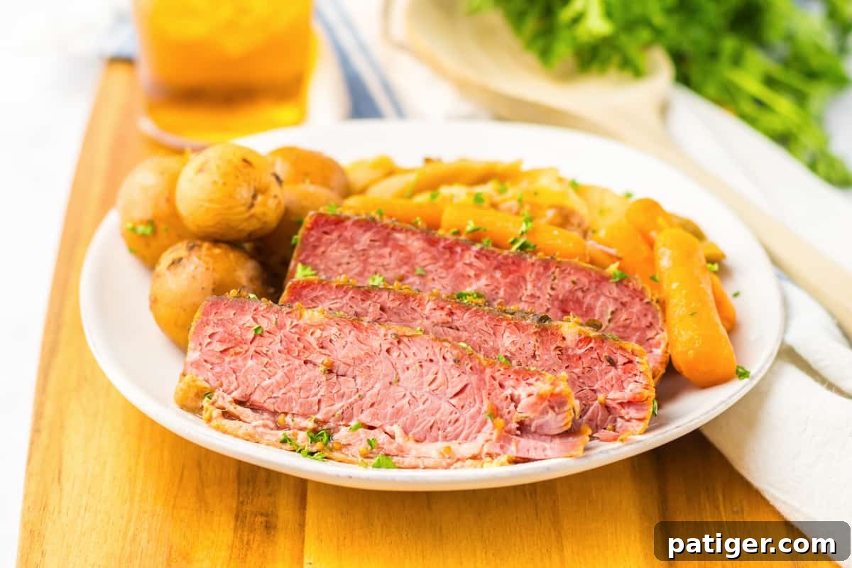 Melt-in-Your-Mouth Slow Cooker Corned Beef 7 A beautifully presented crockpot corned beef and cabbage dinner on a white plate, accompanied by a glass of iced tea.