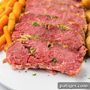 Tender and juicy crockpot corned beef brisket with baby potatoes and carrots.