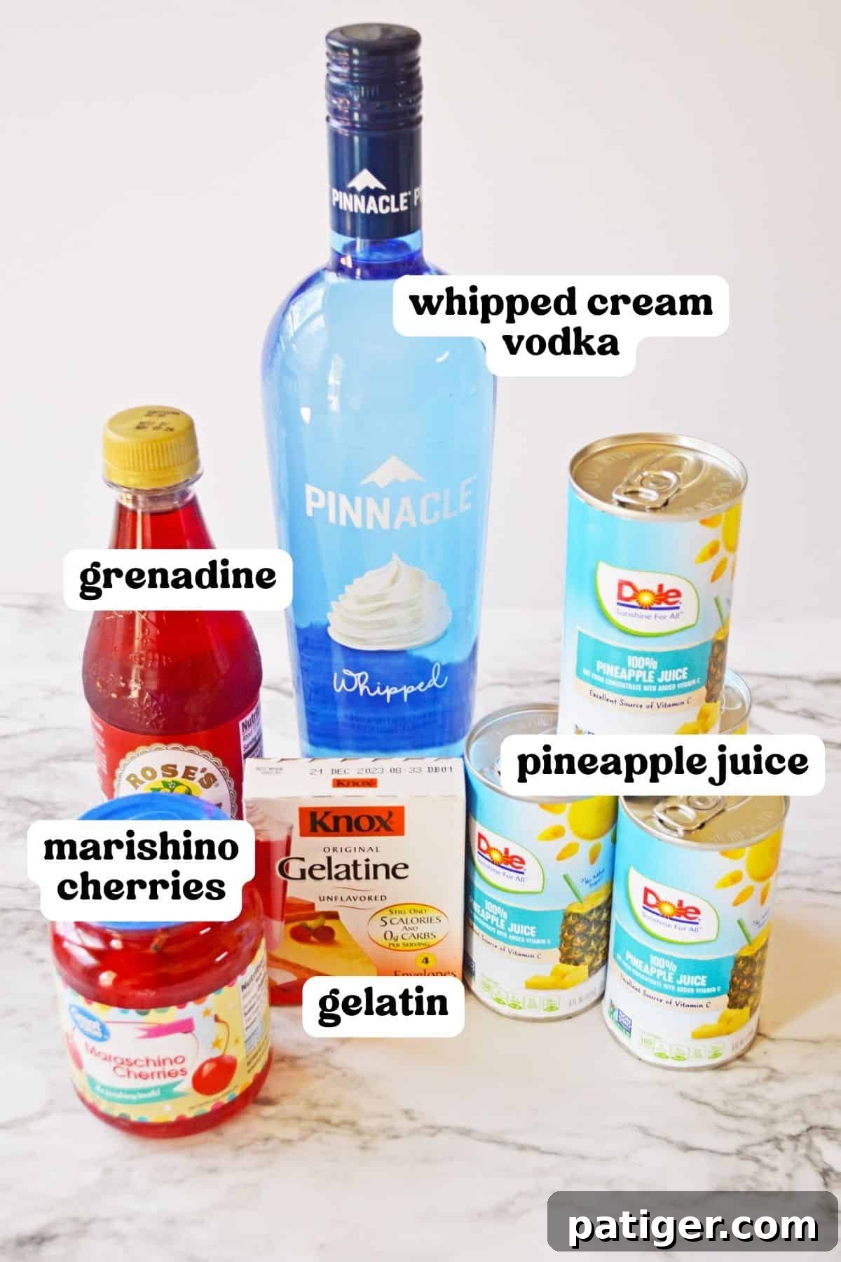 Caramel Pineapple Jell-O Shots 3 Grenadine, whipped cream vodka, canned pineapple juice, jar of maraschino cherries, and box of knox gelatin.