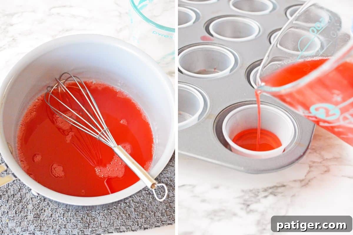 Caramel Pineapple Jell-O Shots 4 Two image collage of red jello mixture in saucepan with whisk and of the red liquid being pored into plastic cup placed in a cupcake tin.