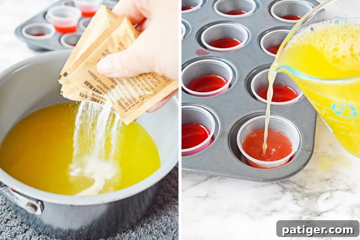 Caramel Pineapple Jell-O Shots 5 Two image collage of gelatin powder being poured into pot of pineapple juice and of the pineapple jello mixture bring poured over the set red jello in the plastic shot glasses.