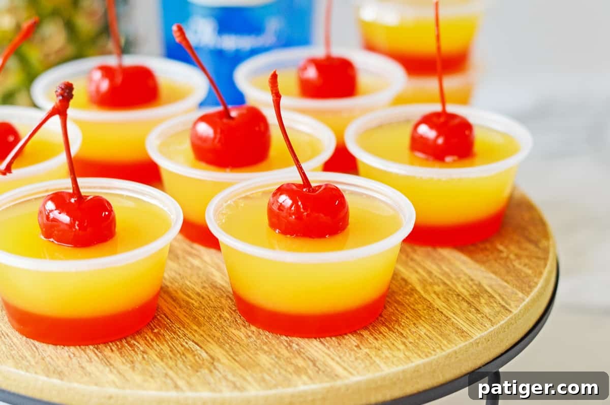 Caramel Pineapple Jell-O Shots 7 Upside down cake flavored gelatin shots topped with maraschino cherries.