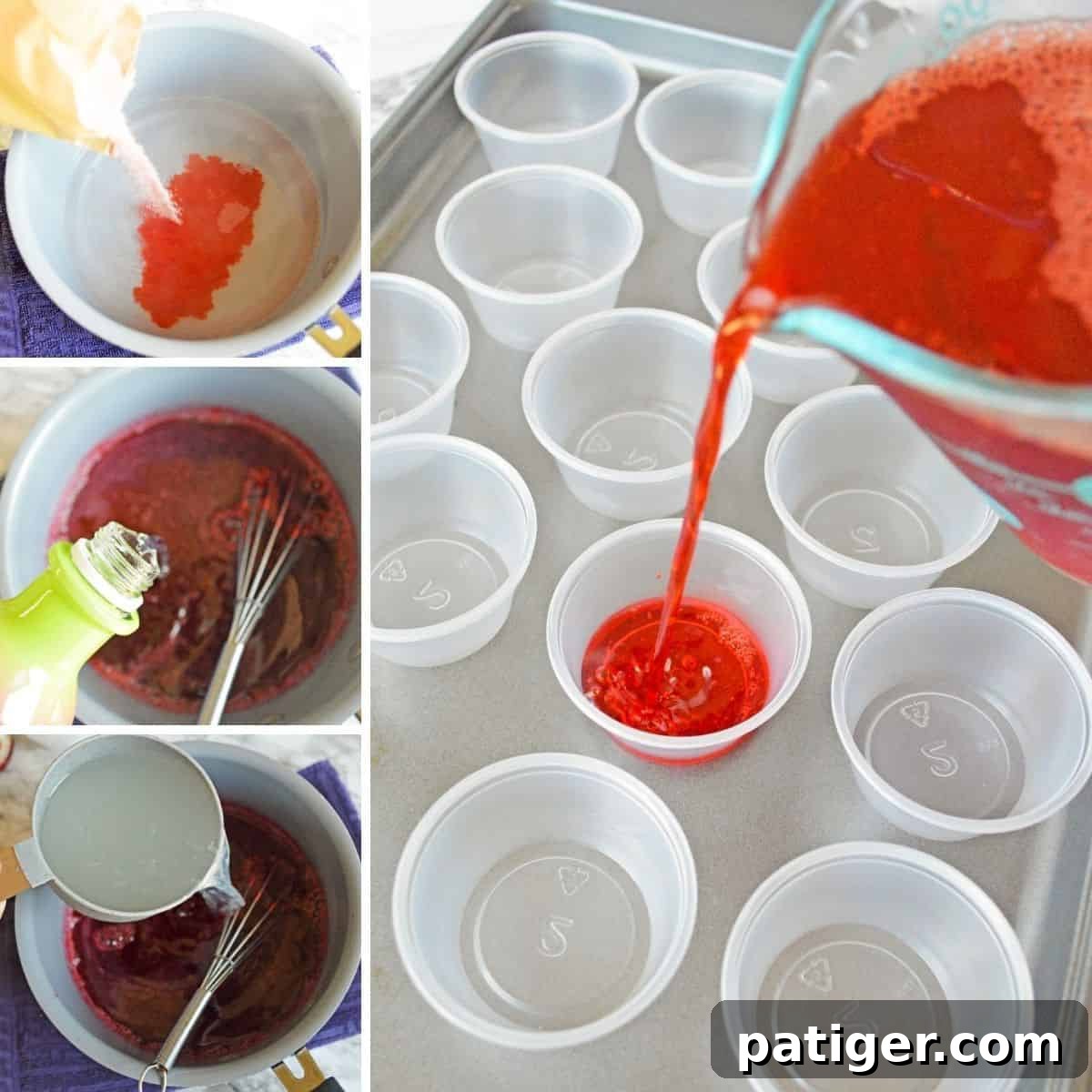 4 image collage of jello mix being added to bowl, vodka being added, limeade being added, and then the red jello mixture being poured into dmall plastic cups on a sheet pan.