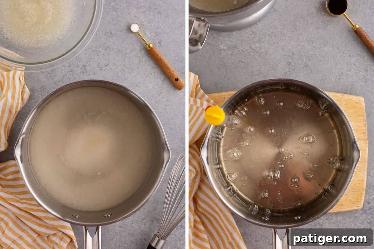Side by side images of syrup mixture in a medium-size pot. First image the syrup is heating, second image candy thermometer is attached and the mixture is bubbling.