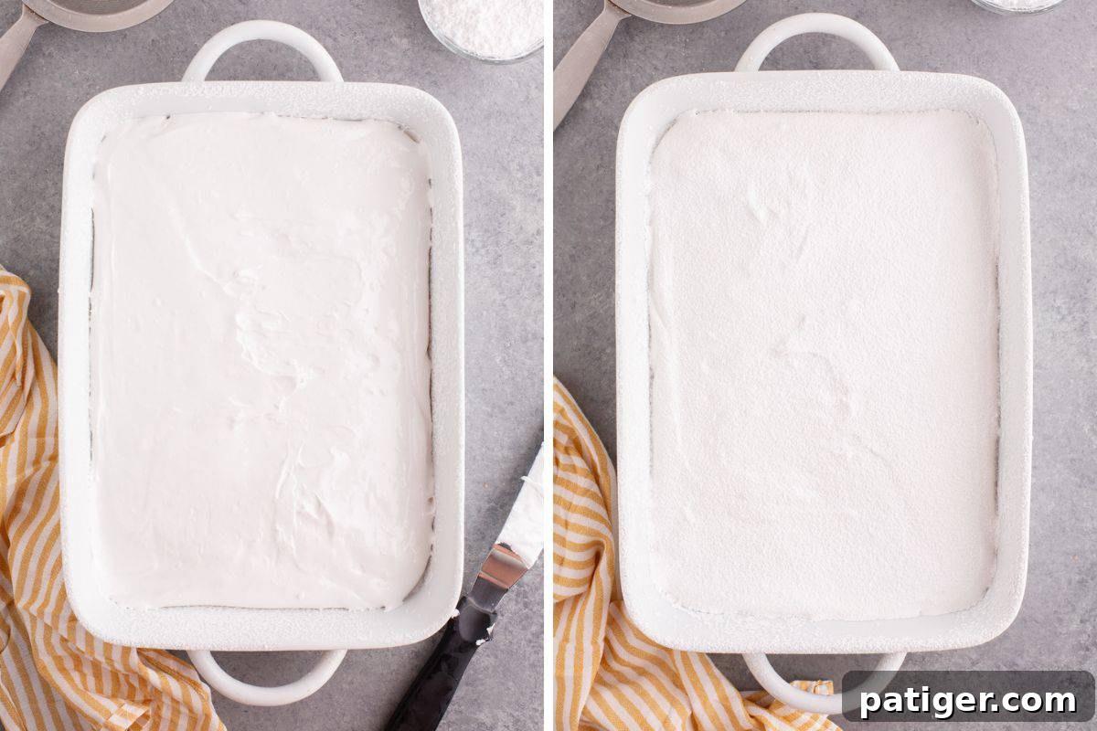 Marshmallow mixture spread into 9 x 13 dish and topped with confectioners sugar.