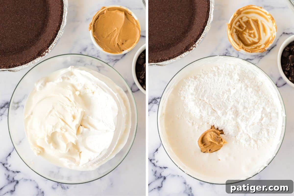 Decadent Oreo Peanut Butter Pie 5 A two-image collage showing the initial steps of making the pie filling: creamy Cool Whip and cream cheese mixture in a large glass bowl on the left, and a store-bought Oreo pie crust on the right.