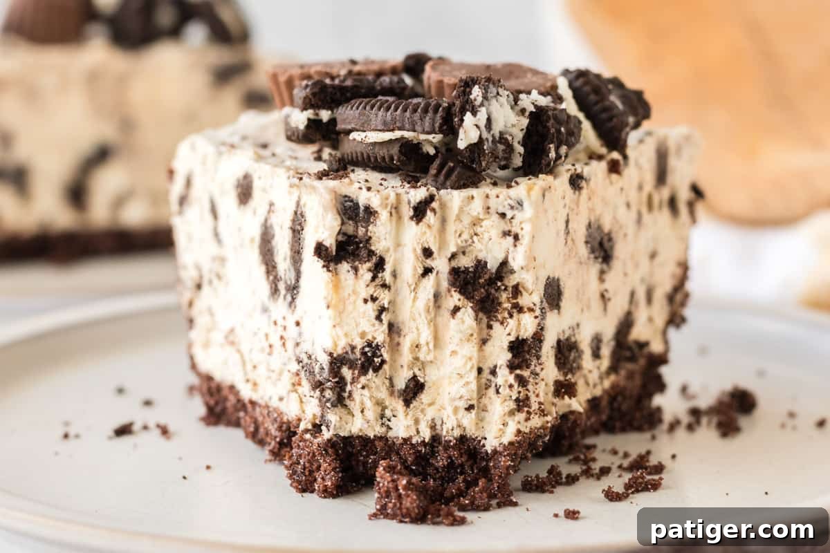 Decadent Oreo Peanut Butter Pie 10 A close-up of a peanut butter Oreo crust pie with a forkful removed, showcasing the creamy peanut butter filling studded with chunks of crushed Oreo cookies.