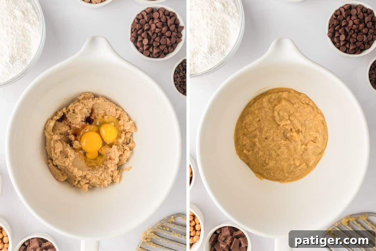 Mega Mix Cookies 5 Wet ingredients for kitchen sink cookies being combined in mixing bowl.