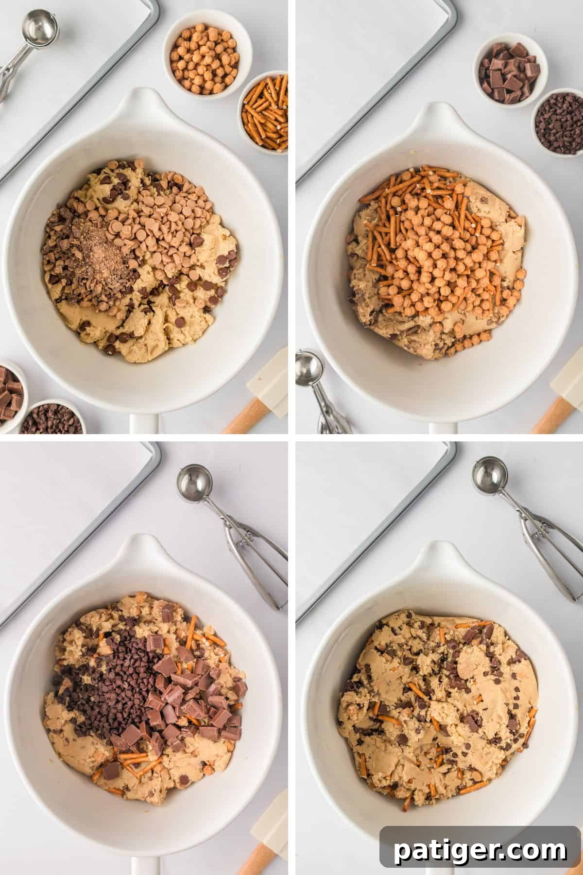 Mega Mix Cookies 7 Four image collage of mix-ins being added to cookie dough two at a time.