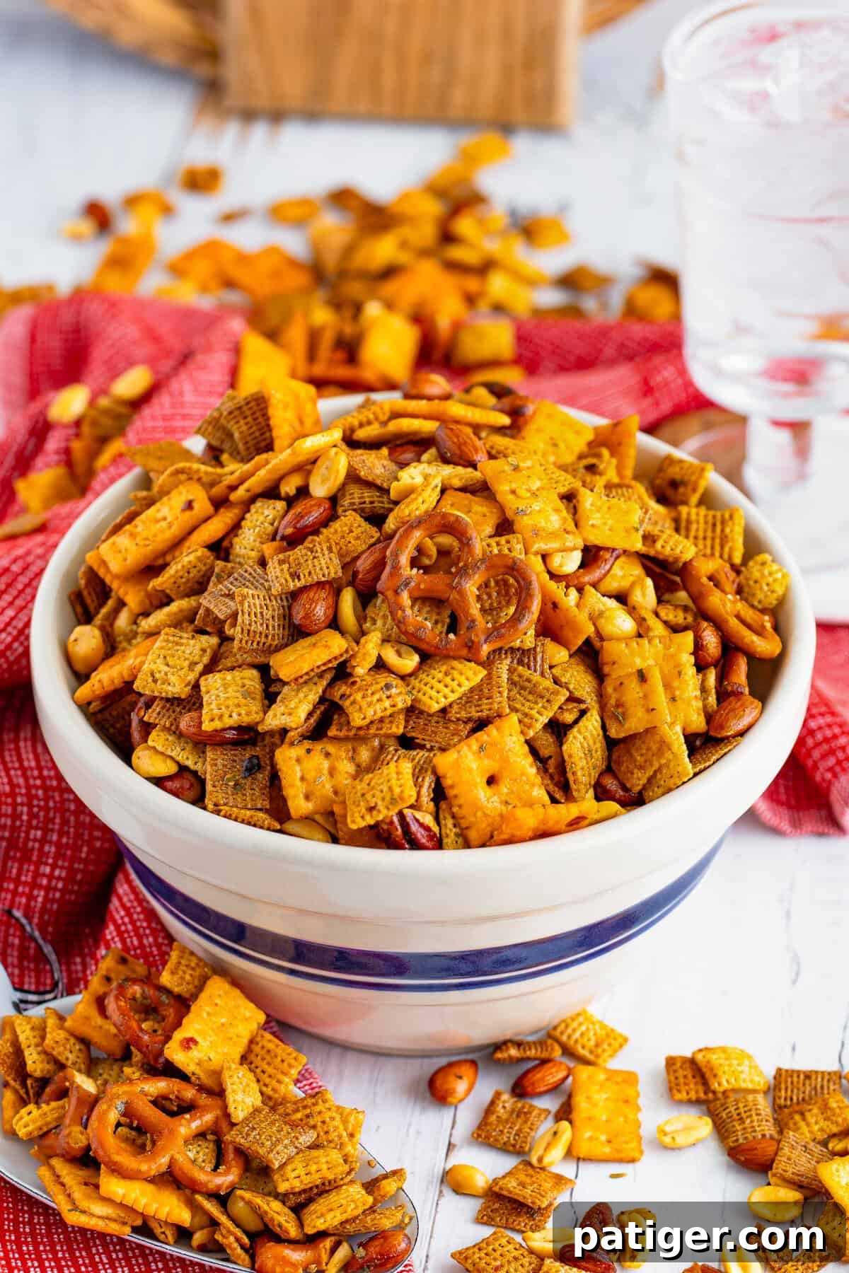 Blazin' Snack Fusion 2 Firecracker spicy chex mix with pretzels, crackers, nuts, coated in a spicy ranch seasoning mix.