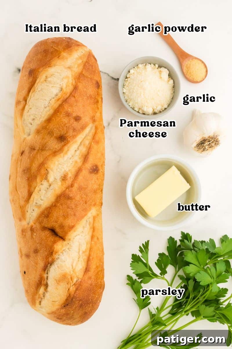 Golden Garlic Bread in Minutes 3 Ingredients for air fryer garlic bread including a loaf of Italian bread, grated Parmesan cheese, butter, garlic powder, fresh garlic, and fresh parsley.