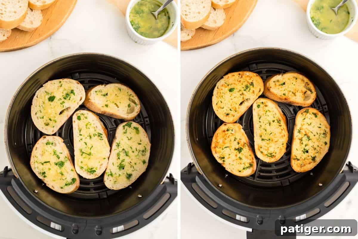 Golden Garlic Bread in Minutes 7 A two-image collage showing garlic bread slices in an air fryer basket before and after air frying to a golden brown perfection.