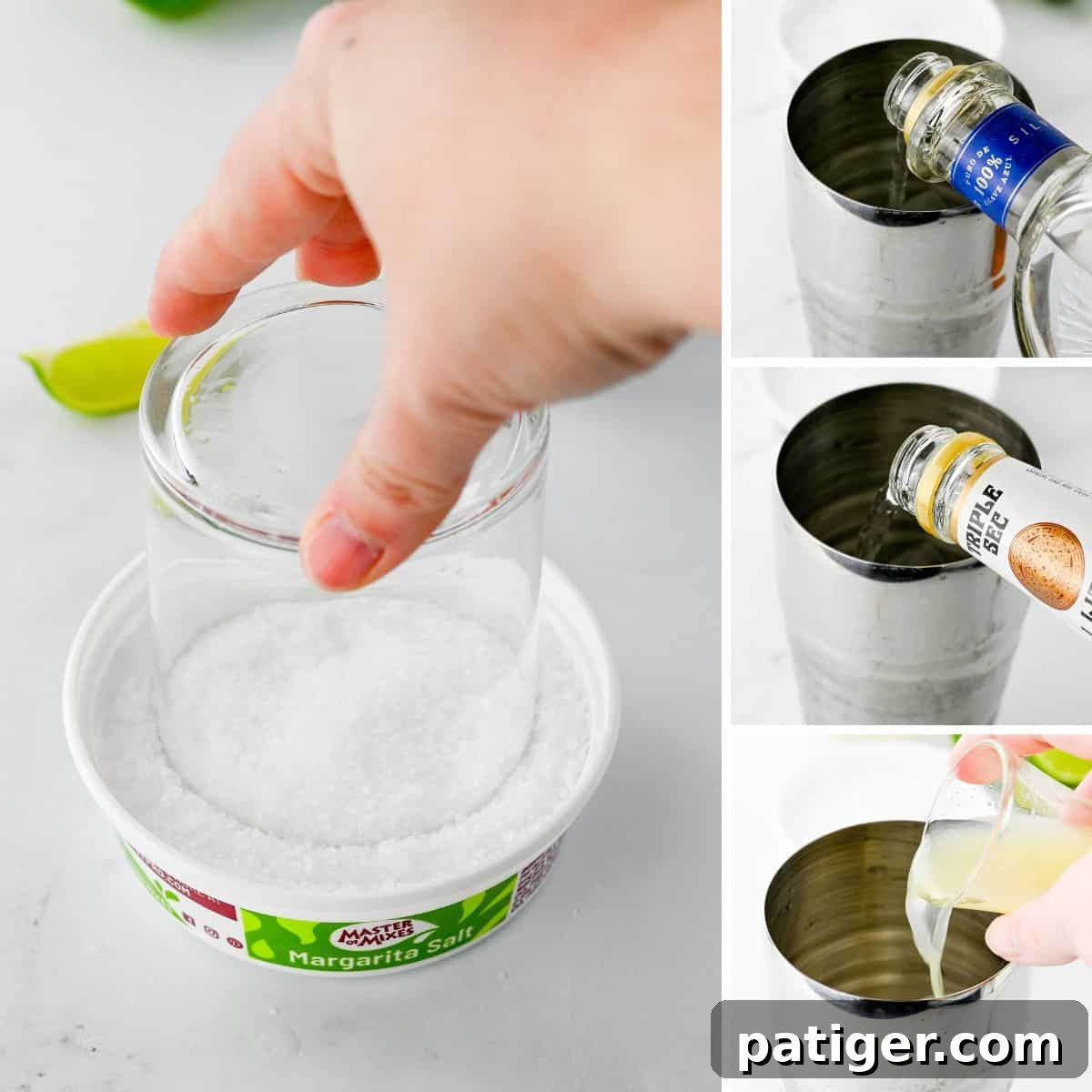 A four-image collage demonstrating the process of making a classic margarita: preparing a salted rim, and adding tequila, triple sec, and simple syrup to a cocktail shaker.
