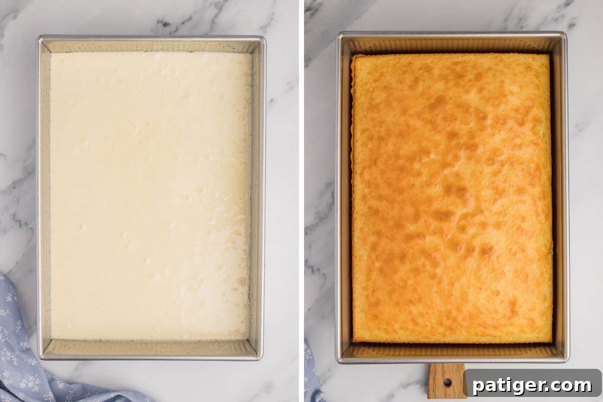 Side-by-side images showing a baking pan filled with unbaked cake batter and the same pan with a partially baked, slightly risen yellow cake, ready for the crumb topping.