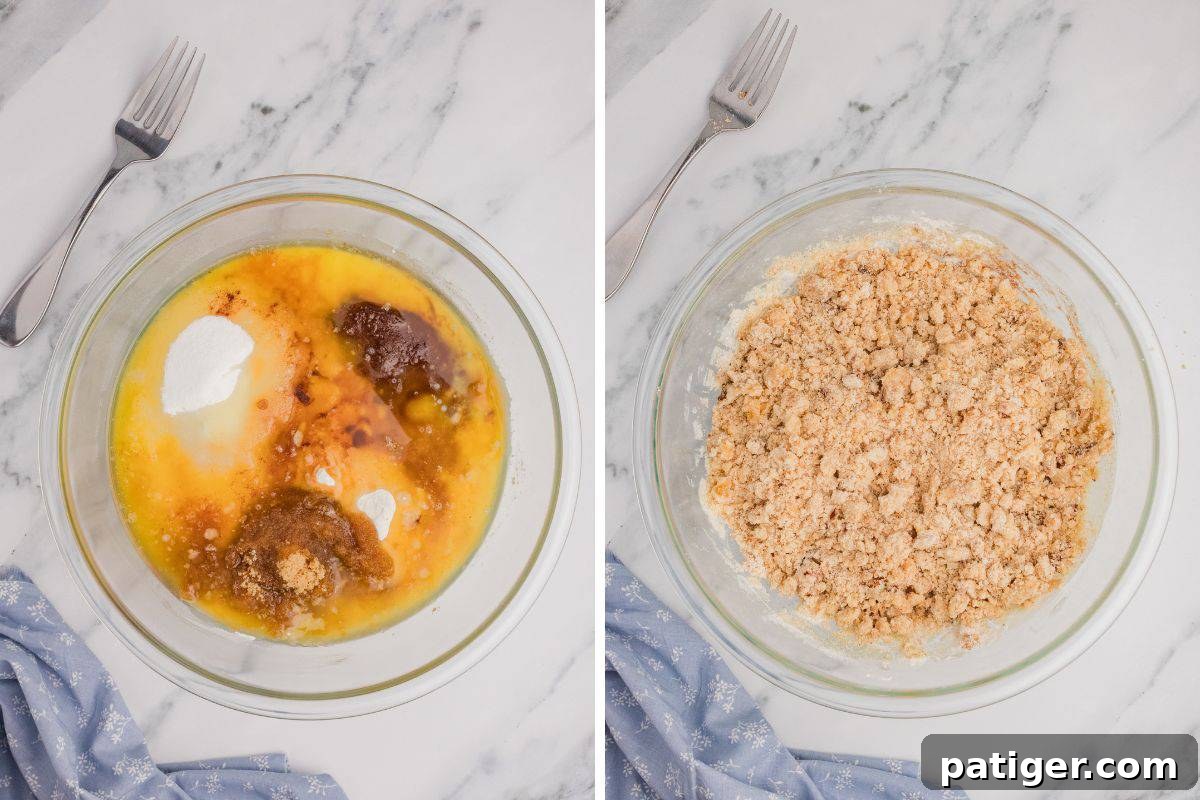 Two side-by-side images within a glass bowl. The first shows individual crumb topping ingredients, while the second displays the ingredients fully mixed into a distinct, crumbly texture.