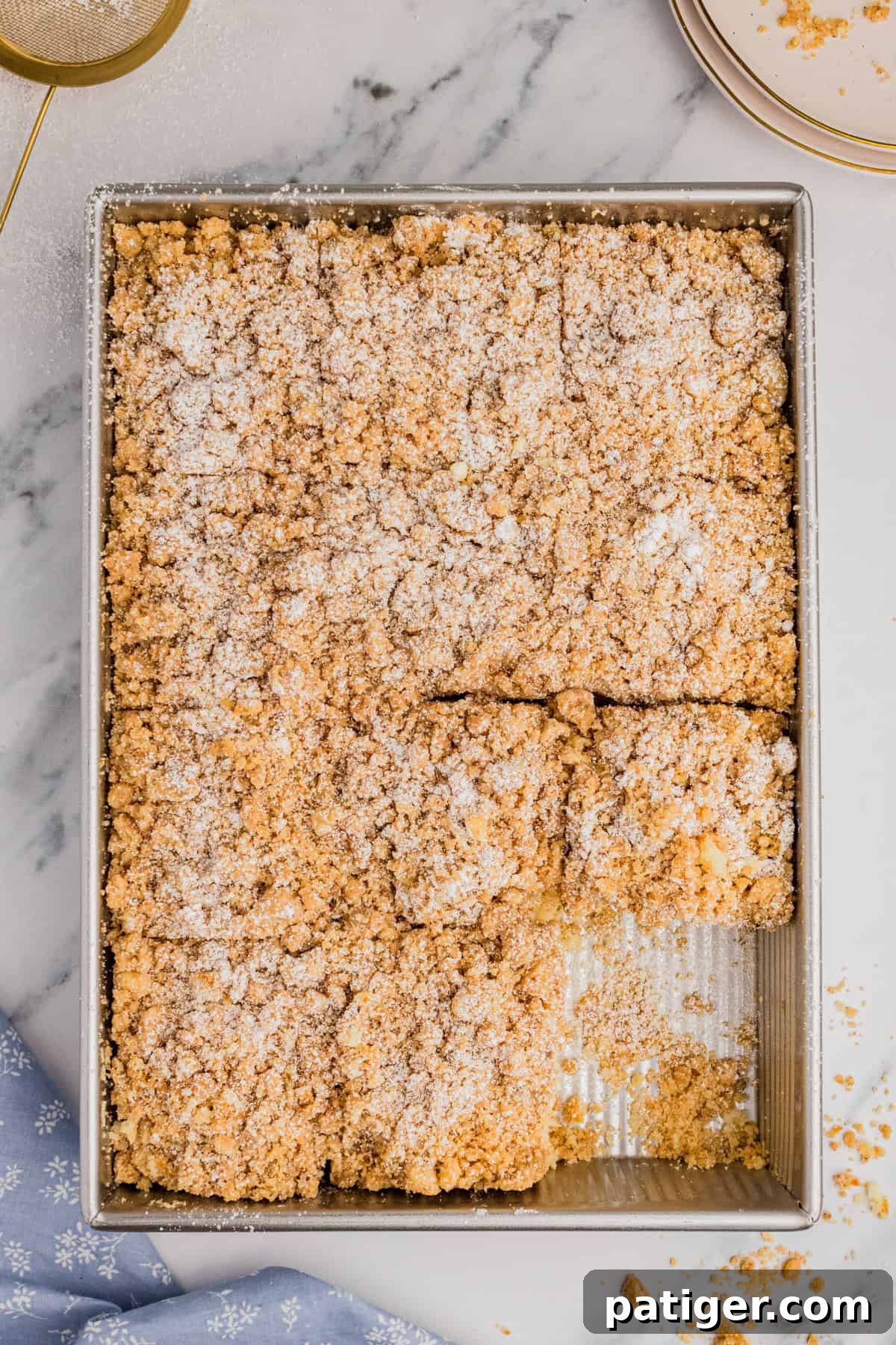 A freshly baked New York style crumb cake, lightly dusted with powdered sugar and neatly sliced into perfect squares, ready to be served.