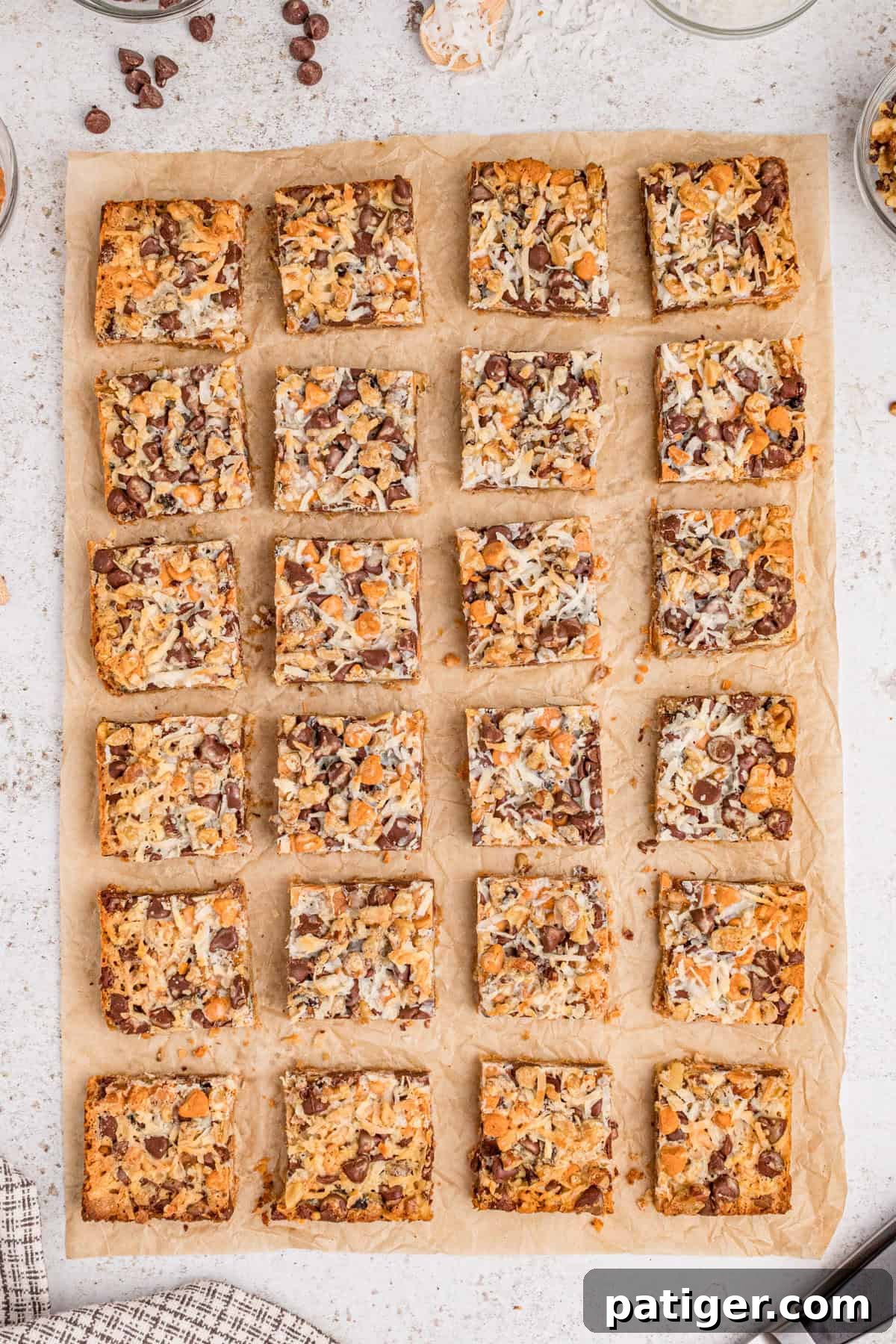 Magic cookie bars sliced into 24 even squares.