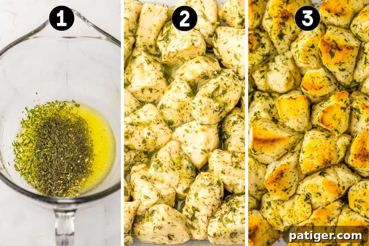 Aromatic Pull-Apart Herbed Biscuits 5 A three-image collage showing the preparation process: 1. Melted butter and herbs in a mixing bowl. 2. Quartered biscuit pieces coated in herb butter, arranged closely in a glass baking dish. 3. Golden brown herb biscuits fresh out of the oven, fluffy and perfectly baked.
