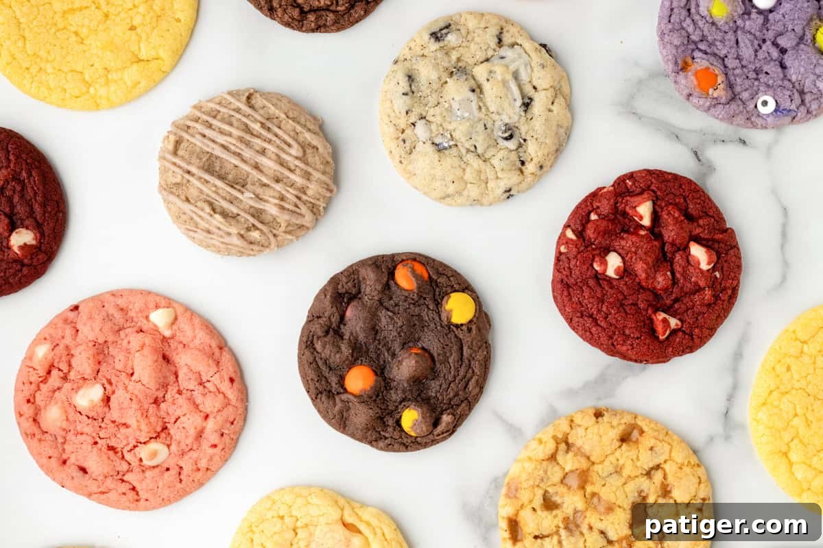 A diverse collection of cookies made from cake mix, spread across a countertop. Featured are lemon, chocolate Reese's, red velvet, pumpkin spice, cookies and cream, and strawberry with white chocolate chips, among others.