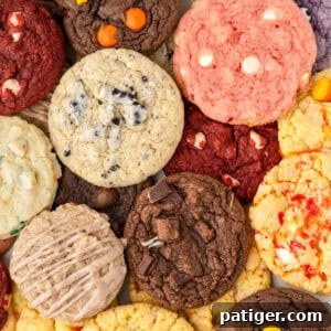 A delightful array of Cake Mix Cookies in various flavors, including strawberry with white chocolate chips, chocolate with Reese's Pieces, pumpkin spice with cinnamon sugar glaze, and red velvet with Andes mints.