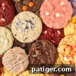 A selection of Cake Mix Cookies in various flavors, including strawberry with white chocolate chips, chocolate with Reese's Pieces, pumpkin spice with cinnamon sugar glaze, and red velvet with Andes mints.