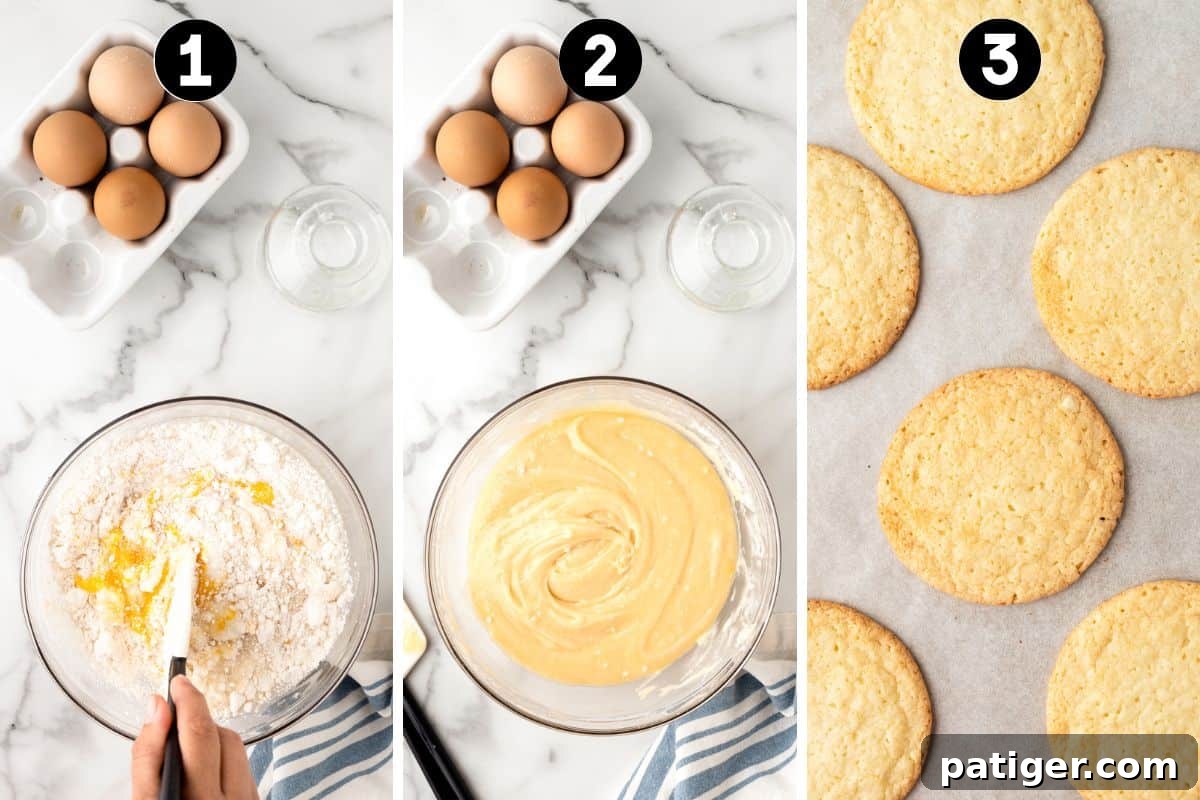 A three-image collage illustrating the process of making cake mix cookies: first, dry cake mix, oil, and eggs are combined in a mixing bowl; second, the perfectly mixed cookie dough; and third, a batch of golden, baked cookies fresh from the oven.