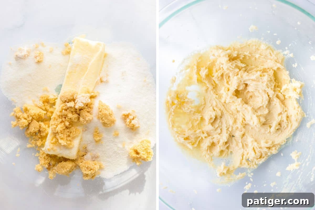 Ultimate Slow Cooker Chocolate Chip Cookie 4 A two-image collage showing butter and sugar in a mixing bowl: first, as separate ingredients, then after being thoroughly creamed into a light, pale, and fluffy mixture with an electric mixer.