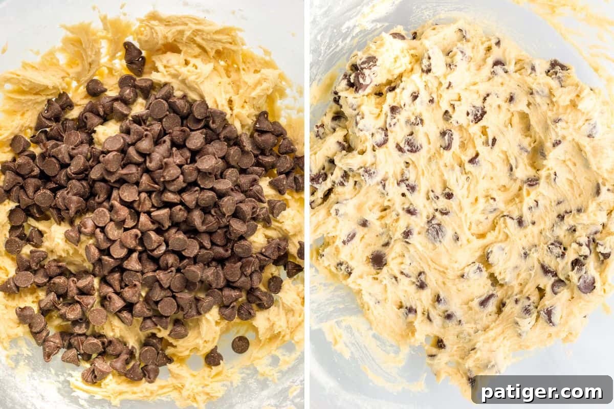 Ultimate Slow Cooker Chocolate Chip Cookie 7 A two-image collage showing cookie dough: first, with semi-sweet chocolate chips freshly sprinkled on top, and then after the chocolate chips have been mixed thoroughly and evenly throughout the rich dough.