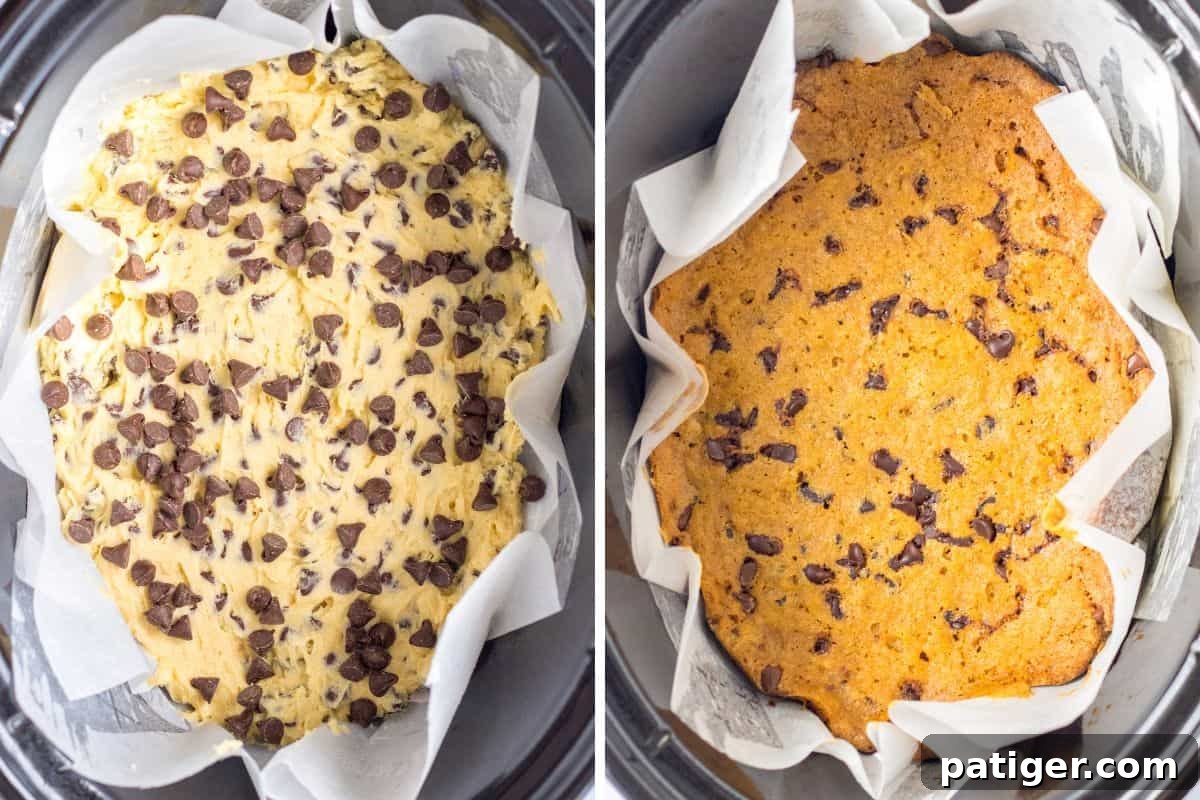 Ultimate Slow Cooker Chocolate Chip Cookie 8 A two-image collage illustrating the slow cooker's role: first, with the raw cookie dough pressed into an even layer in the liner, and then after cooking, revealing a golden-brown, perfectly baked giant cookie.