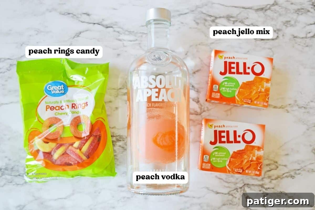 Absolut Peach Vodka, peach candy rings, and two box of peach Jello.