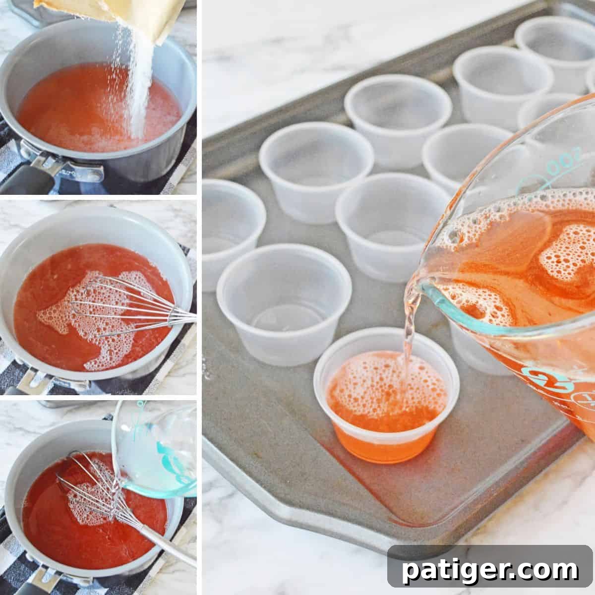 4 image collage of steps to make shots. First, jello powder mix is poured into boiling water, then whisked together to dissolve, next cold water and vodka are added, and finally the jello mixture is poured into the shot glass cups.