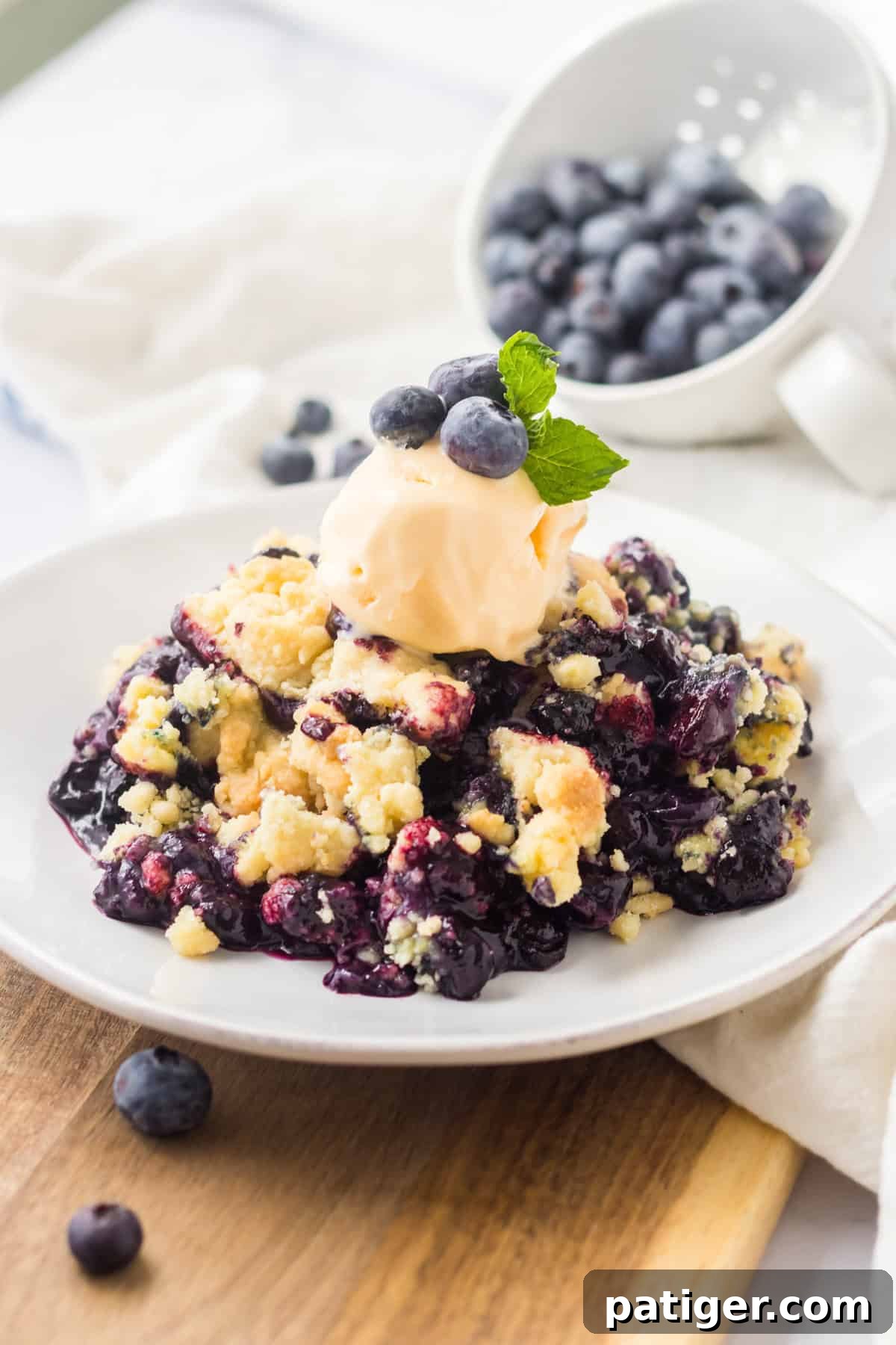 Freshly baked 4-ingredient blueberry cobbler served on a white plate with a scoop of vanilla ice cream and a garnish of fresh blueberries.