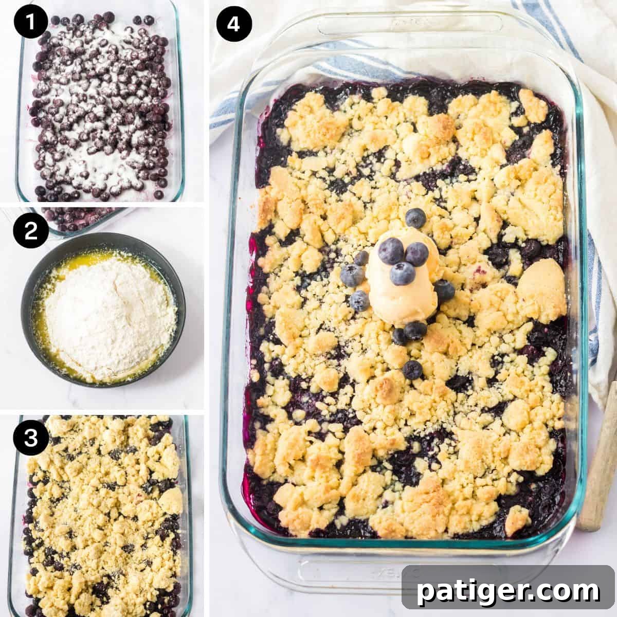 A four-image collage showing the process of making blueberry cobbler: 1. frozen blueberries coated in sugar in a baking dish, 2. melted butter and cake mix in a bowl, 3. the crumbly butter-cake mix topping sprinkled over the blueberries, 4. the baked cobbler topped with vanilla ice cream and fresh berries.